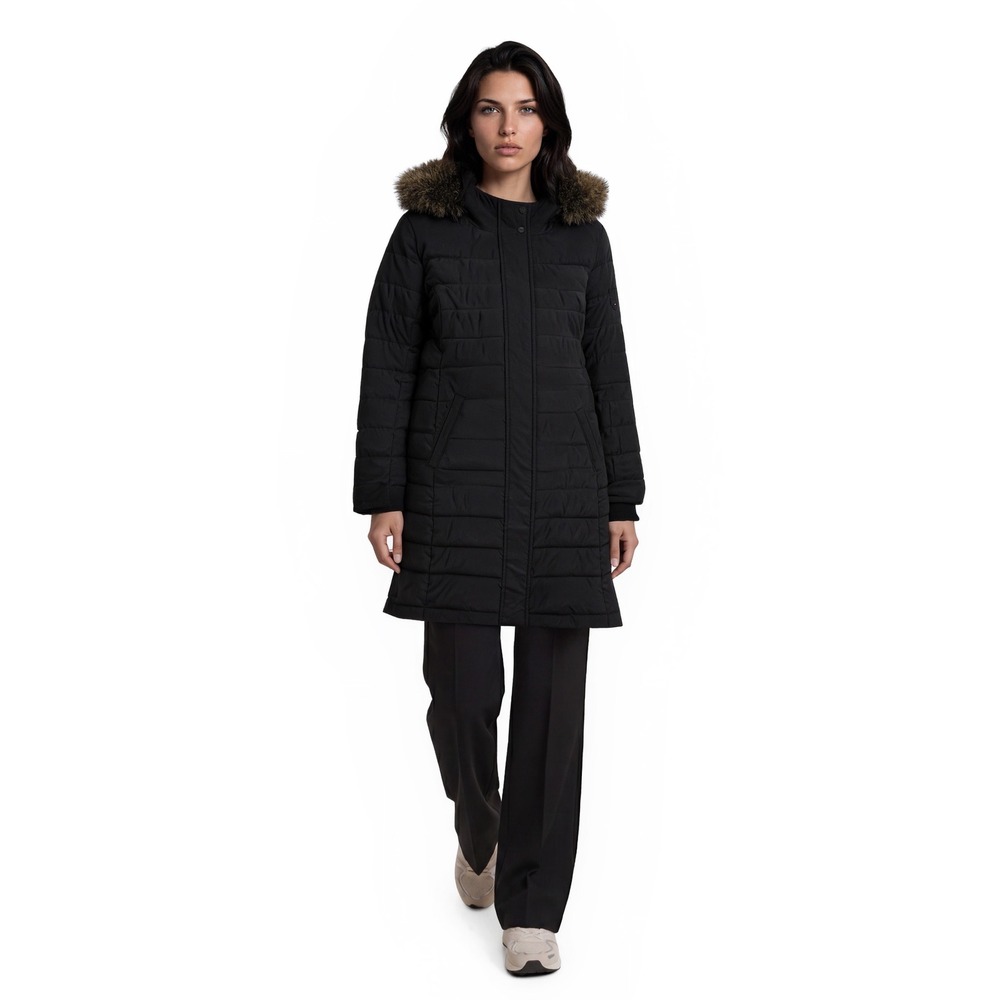 Tommy Hilfiger Down Puffer Coat Women's Size Medium Black Faux Fur Hood Parka